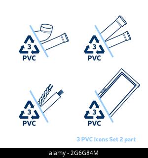 Codice di riciclaggio 3 (PVC - cloruro di polivinile) insieme di icone di contorno. Svuotare gli elementi in plastica trasparente su sfondo bianco. Illustrazione Vettoriale