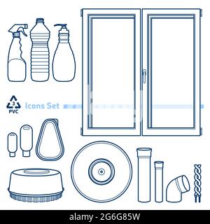 Codice di riciclaggio 3 (PVC - cloruro di polivinile) insieme di icone di contorno. Svuotare gli elementi in plastica trasparente su sfondo bianco. Illustrazione Vettoriale