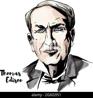 Thomas Edison watercolor ritratto vettoriale con contorni a inchiostro. Inventore americano e uomo d'affari, che è stato descritto come il più grande inventore dell'America. Illustrazione Vettoriale