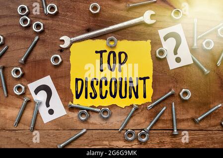 Titolo concettuale - Sconto superiore. Business idea Best Price Guaranteed Hot ITEMS Crazy sale Promozioni nuove idee Brainstoming per la pianificazione della manutenzione Foto Stock