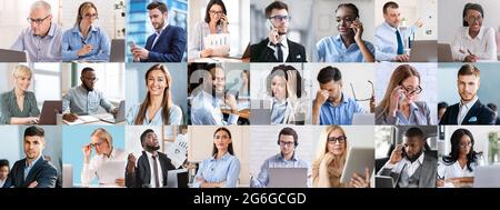 Collage di ritratti di uomini d'affari che mostrano diverse emozioni, utilizzando vari gadget Foto Stock