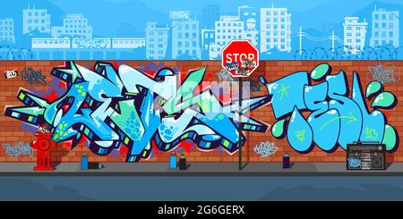 Astratto colorato Urban Streetart Graffiti Wall con disegni sullo sfondo della città Vector Illustrazione Illustrazione Vettoriale