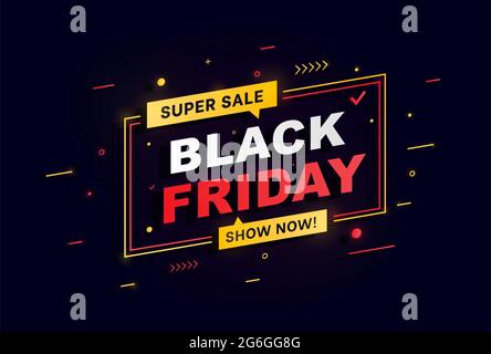 Grandi sconti. Black friday vendita banner layout design. Pubblicità notturna brillante. Illustrazione vettoriale per la vendita al dettaglio, la vendita, la promozione, il design pubblicitario. VEC Foto Stock