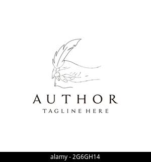 Linea art penna piuma e mano minimalista Handwriting Logo vettore di design Illustrazione Vettoriale