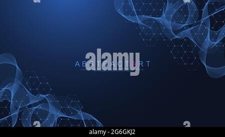 Tecnologia linee astratte e punti collegano lo sfondo con gli esagoni. Griglia esagonale. Collegamento di esagoni con dati digitali e concetto di big data. Digitale esadecimale Illustrazione Vettoriale