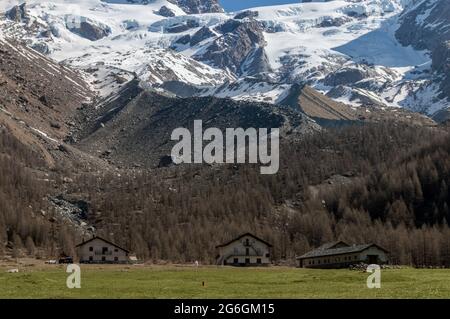 I piani di Verra inferiore un'area pianistica a metà strada dalla vetta del Monte Rosa nel nord Italia in Val d'Ayas, Aosta Foto Stock