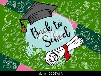 Bentornato a scuola. Poster di design, banner. Forniture scolastiche. Doodle, disegno a mano. Illustrazione di Creative Vector Illustrazione Vettoriale
