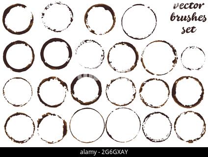 Macchie di caffè. Set di macchie da tazze, lattine, vetro. Collezione di vernice bicolore alla menta, pennelli, blot, grugnoso. Elementi di design sporchi Illustrazione Vettoriale