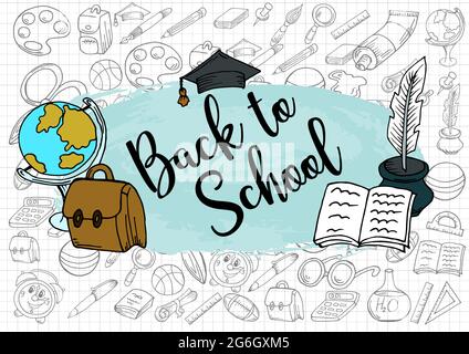 Benvenuti a scuola. Poster di design, banner, volantino. Forniture scolastiche. Doodle disegno a mano Illustrazione vettoriale Illustrazione Vettoriale