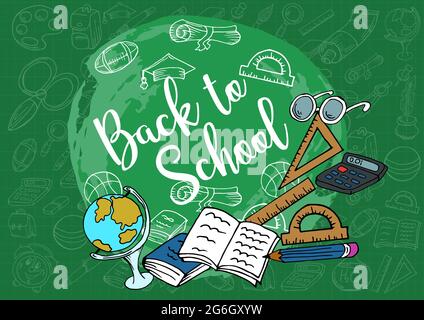 Bentornato a scuola. Poster di design, banner, volantino. Forniture scolastiche. Doodle, disegnate a mano Creative Vector Illustration Illustrazione Vettoriale