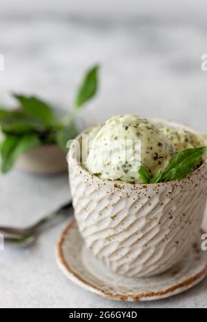 gelato al cocco con spinaci verdi in una ciotola di ceramica su sfondo grigio. Dolce vegano sano. Immagine verticale Foto Stock