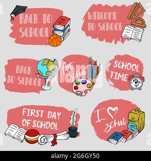 Grande set di etichette, spille, adesivi per il ritorno alla scuola. Tipografia. Sfondo della scuola. Etichetta di vendita. Illustrazione vettoriale disegnata a mano Illustrazione Vettoriale