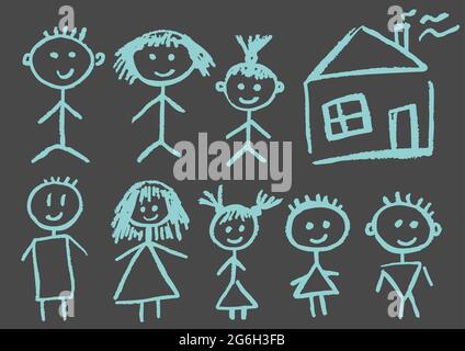 Cute disegno infantile con i pastelli di cera su uno sfondo bianco. Gesso pastello o matita divertente doodle vettore stile. Casa, bambini, persone Illustrazione Vettoriale