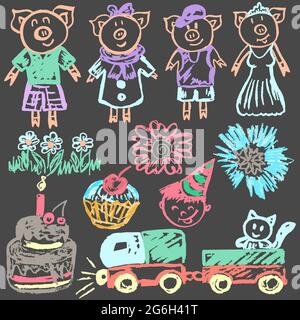 Cute disegno infantile con gesso colorato su sfondo grigio. Gesso pastello o matita divertente doodle vettore stile. Ragazze e ragazzi piggy, treno, torta, cu Illustrazione Vettoriale
