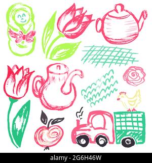 Cute disegno infantile con i pastelli di cera su uno sfondo bianco. Gesso pastello o matita divertente doodle vettore stile. Tulipani, bambino, teiera, camion Illustrazione Vettoriale