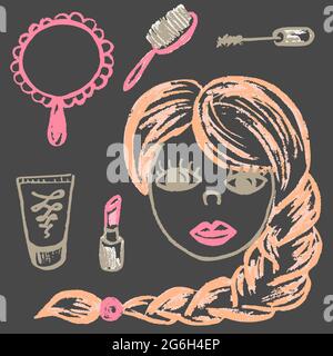 Cute disegno infantile con gesso colorato su sfondo grigio. Gesso pastello o matita divertente doodle vettore stile. Bellezza femminile e cosmetici, specchio, Illustrazione Vettoriale