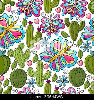 Illustrazione botanica senza cuciture. Modello tropicale di diversi cactus, aloe, animali esotici. Farfalle, fiori colorati, cuori Illustrazione Vettoriale