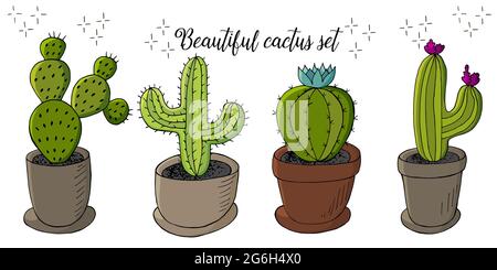 Simpatica illustrazione vettoriale. Set di immagini cartoon di cactus in vasi di fiori. Cactus, aloe, succulenti in una collezione creativa. Stampa pin. Decorativo Europa Illustrazione Vettoriale