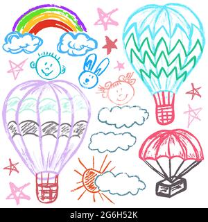 Cute disegno infantile con i pastelli di cera su uno sfondo bianco. Gesso pastello o matita divertente doodle vettore stile. Set di palloncini, paracadute, nuvole Illustrazione Vettoriale