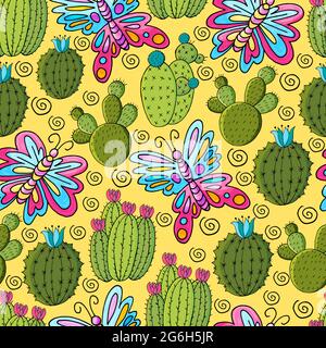 Illustrazione botanica senza cuciture. Modello tropicale di vari cactus, aloe. Farfalla, fiore, piante esotiche Illustrazione Vettoriale