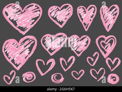 Cute disegno infantile con gesso colorato su sfondo grigio. Gesso pastello o matita divertente doodle vettore stile. Insieme di cuori di doodle Illustrazione Vettoriale