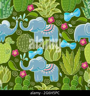 Illustrazione botanica senza cuciture. Modello tropicale di vari cactus, aloe. Elefanti, piante esotiche in fiore, archi Illustrazione Vettoriale