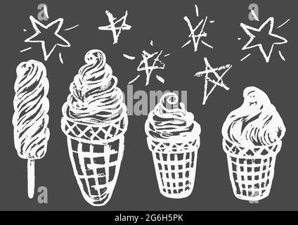 Cute disegno infantile con gesso bianco su lavagna. Gesso pastello o matita divertente doodle vettore stile. Set di dolci freddi estivi. Gelato, papsicle Illustrazione Vettoriale