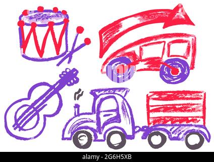 Cute disegno infantile con i pastelli di cera su uno sfondo bianco. Gesso pastello o matita divertente doodle vettore stile. Batteria, chitarra, auto da corsa, treno Illustrazione Vettoriale
