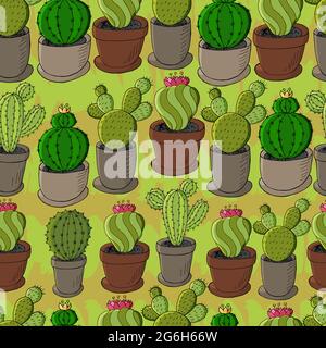 Modello senza cuciture di cactus diversi. Carino vettore sfondo di vasi di fiori. Carta da parati tropicale in colori verdi. Alla moda Illustrazione Vettoriale