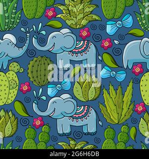 Illustrazione botanica senza cuciture. Modello tropicale di vari cactus, aloe. Elefanti, archi, piante esotiche Illustrazione Vettoriale