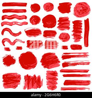 Raccolta di inchiostro rosso, inchiostro, pennellate, pennelli, linee, grugnoso. Onde, elementi decorativi Messy, scatole, cornici Vector isolato su sfondo bianco Illustrazione Vettoriale