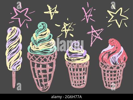 Cute disegno infantile con gesso colorato su sfondo grigio. Gesso pastello o matita divertente doodle vettore stile. Set di dolci freddi estivi. Gelato, Illustrazione Vettoriale