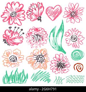 Cute disegno infantile con i pastelli di cera su uno sfondo bianco. Gesso pastello o matita divertente doodle vettore stile. Elementi d'arte, fiori, foglie, ramche Illustrazione Vettoriale