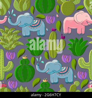 Illustrazione botanica senza cuciture. Modello tropicale di vari cactus, aloe. Elefanti, piante esotiche fiorite Illustrazione Vettoriale