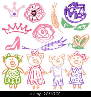 Cute disegno infantile con i pastelli di cera su uno sfondo bianco. Gesso pastello o matita divertente doodle vettore stile. Fiori, scarpe, corona, maiali Illustrazione Vettoriale