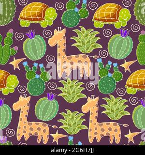 Illustrazione botanica senza cuciture. Modello tropicale di vari cactus, aloe. Giraffe, tartaruga, piante esotiche fiorite Illustrazione Vettoriale