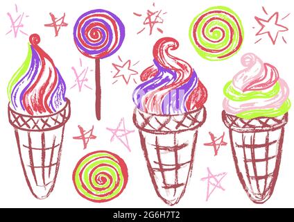 Cute disegno infantile con i pastelli di cera su uno sfondo bianco. Gesso pastello o matita divertente doodle vettore stile. Set di dolci freddi estivi. Gelato, Illustrazione Vettoriale