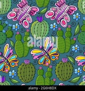 Illustrazione botanica senza cuciture. Modello tropicale di diversi cactus, aloe, animali esotici. Farfalle, fiori foglie Illustrazione Vettoriale