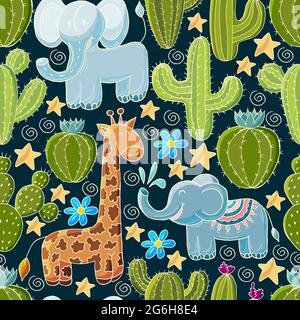 Illustrazione botanica senza cuciture. Modello tropicale di vari cactus, aloe. Elefanti, giraffe, piante esotiche fiorite Illustrazione Vettoriale