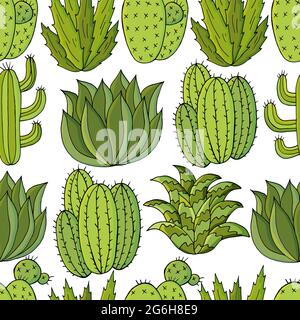 Modello senza cuciture di cactus diversi. Carino vettore di sfondo di piante esotiche. Carta da parati tropicale in colori verdi. L'immagine trendy è ideale per il tessuto Illustrazione Vettoriale