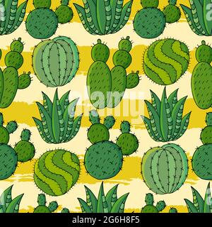 Modello senza cuciture di cactus diversi. Carino vettore di sfondo di piante esotiche. Carta da parati tropicale in colori verdi. L'immagine trendy è ideale per il design Illustrazione Vettoriale