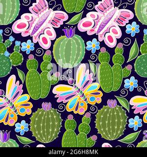 Modello tropicale di vari cactus, aloe. Illustrazione botanica senza cuciture. Farfalla, piante esotiche Illustrazione Vettoriale