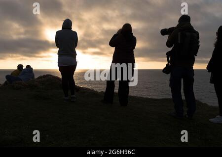 dh BIRSAY ORKNEY persone su seacliff Orca avvistamento e fotografare Killer balene Orcas regno unito Watchers gruppo scozia Foto Stock