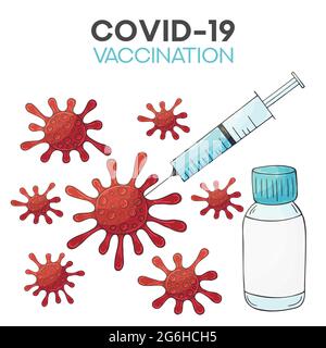 Coronavirus sfondo. Vaccinazione del virus della corona Covid-19. 2019-ncov Covid-19 Coronavirus flaconcini di vaccino flacone di medicinale siringa disegno vettoriale Illustrazione Vettoriale