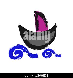 Nave, icona della barca a vela. Disegno a mano della vernice, disegno a pennello. Isolato su sfondo bianco. Icona stile Doodle Grunge. Contorno, icona della linea, fumetto illustrazione Illustrazione Vettoriale