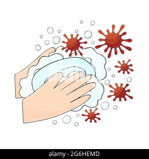 Mani con schiuma saponata. Il sapone uccide il coronavirus. Illustrazione vettoriale disegno manuale su sfondo bianco. Protezione da coronavirus Illustrazione Vettoriale