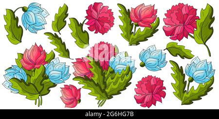 Peonie. Grande insieme di bouquet, inflorescenze, foglie e fiori come elementi separati. Peonie blu e rosse in stile disegno a mano. Fiori vettoriali per Illustrazione Vettoriale