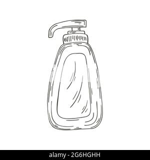 Icona Contour Medical. Illustrazione vettoriale in stile di disegno manuale. Isolato su sfondo bianco. Strumento medico. Sapone liquido, antisettico, igienizzante Illustrazione Vettoriale