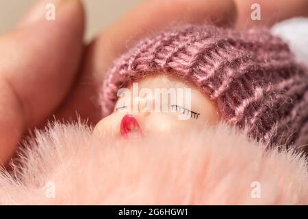 Primo piano di un cucciolo dormiente tenuto da una persona Foto Stock