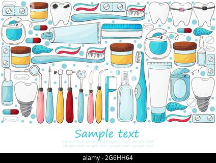 Volantino rettangolare, banner, testo. Set di elementi per la cura della cavità orale con disegno a mano. Pulizia dei denti, igiene dentale, strumenti dentali Illustrazione Vettoriale